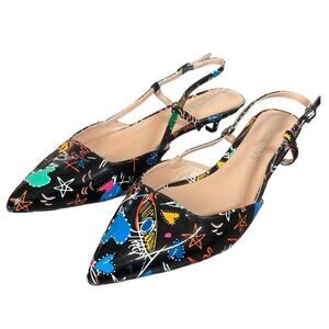WAYDERNS Women's 10.5 Black Graffiti Pointed Toe Strap Buckle Kitten Low‎ Heel
